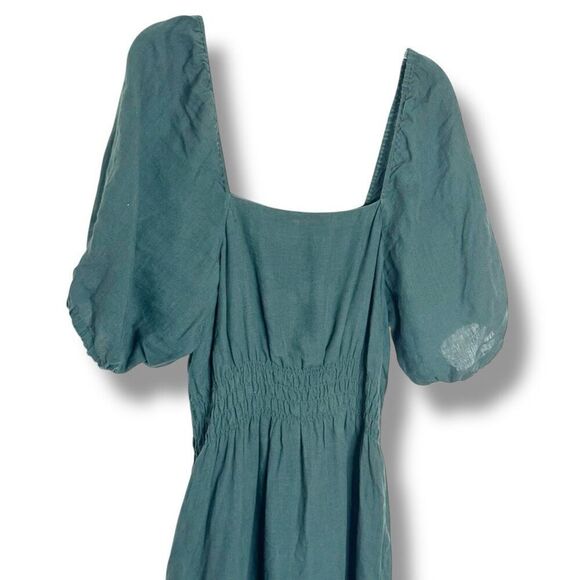 Ann Mashburn Dark Green Square Neck Puff Sleeve Linen Maxi Dress Women’s Size M - Picture 4 of 14
